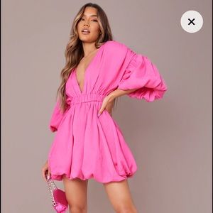 Hot Pink Puff Sleeve Puffball Hem Shift Dress PLT
